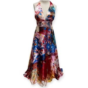 Vintage Jovani 100% Silk Halter Neck Beaded Floral Formal Maxi Dress Size 6